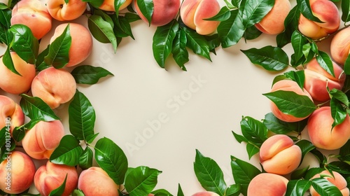 Fresh ripe peaches with vibrant green leaves artfully arranged around a central copy space on a beige background.