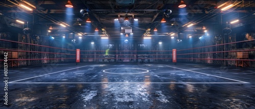 An empty boxing ring, evoking the intensity and professionalism of combat sports. photo