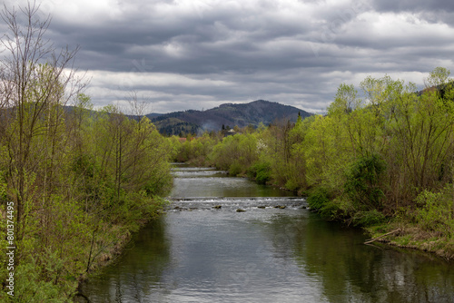 River flowing between spring trees under a dramatic sky and with mountains in the background