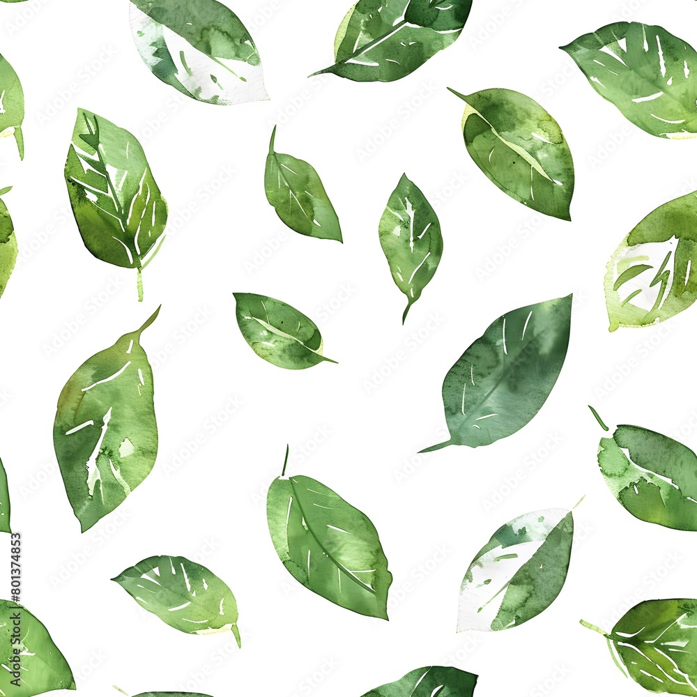 Fototapeta premium watercolor green leaves pattern, white background, seamless