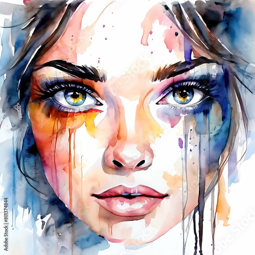  watercoleyes of woman abstractor illustration fashion background eyes eyelashes brows of girl,Beautiful woman portrait watercolor painting. Generative AI. 
