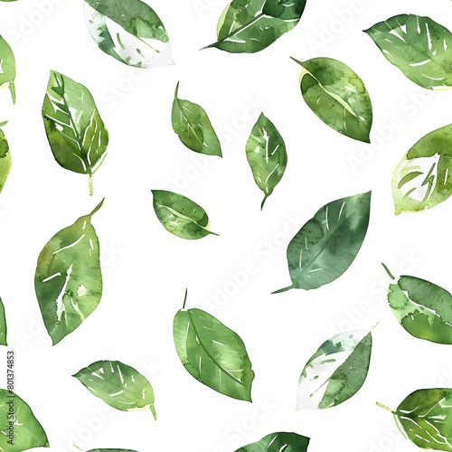 watercolor green leaves pattern  white background  seamless
