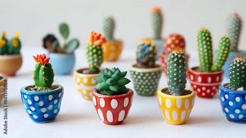 Cluster of small Star Cacti, each in tiny colorful pots on white surface