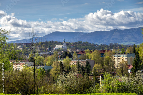 View of Cieszyn having mountains in the background on a beautiful spring day