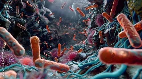 Microscopic Bacterial Battlefield Captivating Scene of Microorganisms Engaged in Fierce Combat photo
