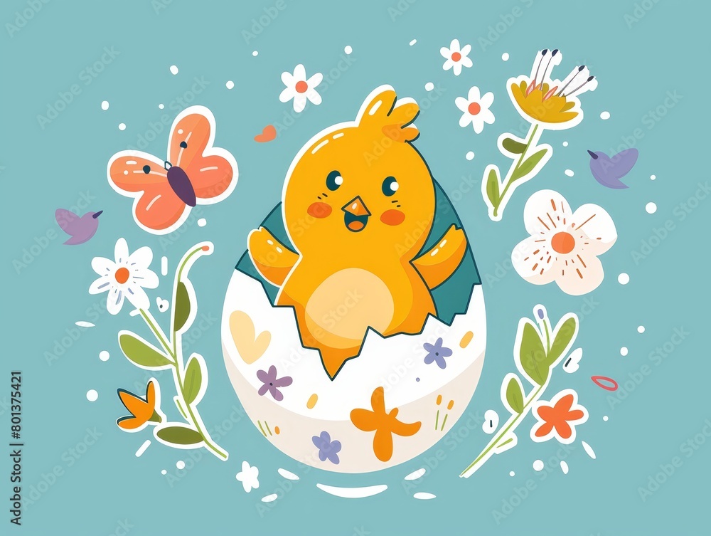 A cartoon chick hatches from an egg surrounded by flowers and butterflies, with a butterfly nearby A cartoon chick hatches from an egg surrounded by flowers and butterflies, with a butterfly nearby