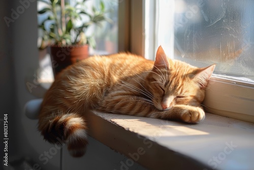   A close-up of a cat on a windowsill, resting next to a potted plant © Jevjenijs