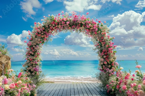 Wedding arch adorned with vibrant flowers  creating a stunning backdrop for ceremonies.