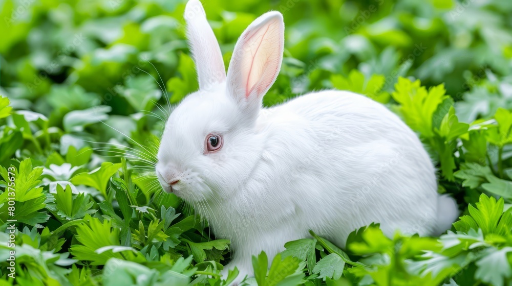 A white rabbit sits amidst a field of leafy greens, gazing curiously at the camera A white rabbit sits amidst a field of leafy greens, gazing curiously at the camera