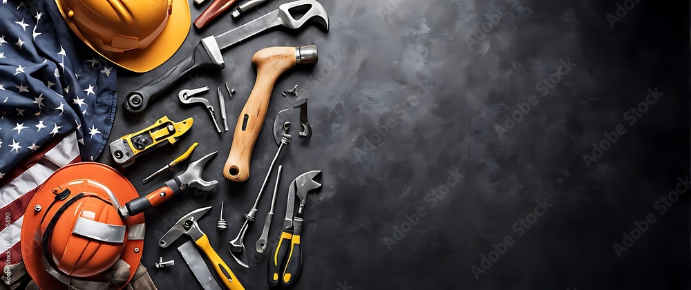 Labor day background concept. Flat lay of construction collar handy tools, with copy space Labor day background concept. Flat lay of construction collar handy tools, with copy space