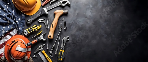 Labor day background concept. Flat lay of construction collar handy tools, with copy space