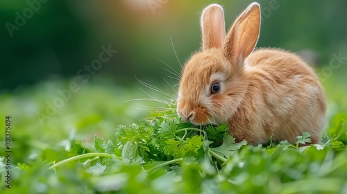   A tight shot of a bunny nibbling on a leafy green plant Background softly blurred