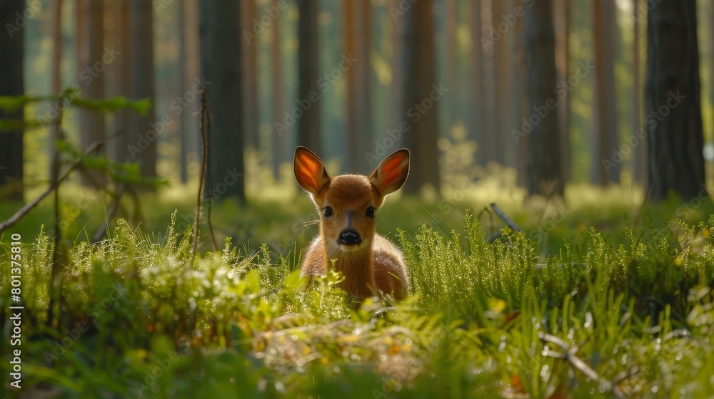 A small deer sits in a forest, surrounded by tall grass and trees In the foreground, a baby deer joins the scene A small deer sits in a forest, surrounded by tall grass and trees In the foreground, a baby deer joins the scene