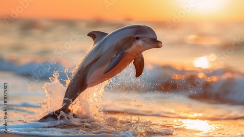   Dolphin leaping from shore at sunset, sun glinting on water behind © Jevjenijs