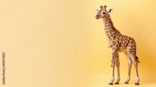   Giraffe faces sideways  gazes at camera against yellow backdrop