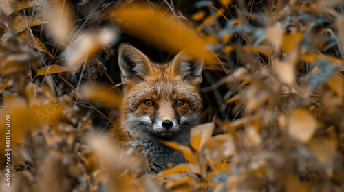  A fox in a bush gazes sadly at the camera