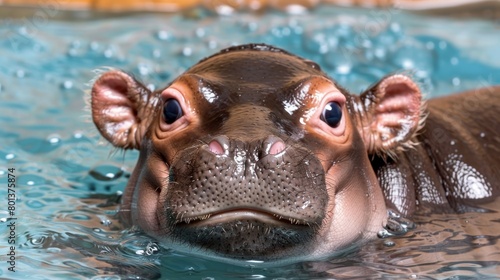   A tight shot of a hippo submerged in water, its face dotted with bubbles © Jevjenijs