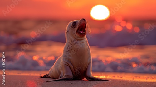   A sea lion yaws on the sandy beach as the sun sets, background includes a body of water in the foreground photo