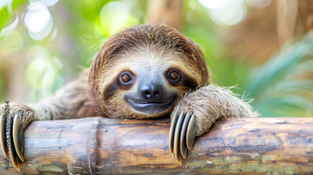 Fototapeta premium A brown-and-white sloth rests atop a tree branch, its head supported by a nearby log