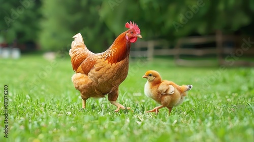 Two chickens atop a lush, green grassy field One chicken perched adjacent
