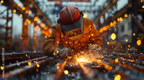 A welder wearing protective gear is welding a metal beam