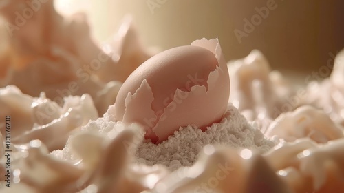   A broken egg atop a mound of shredded white paper, resting on an underlayer of similarly shredded paper photo