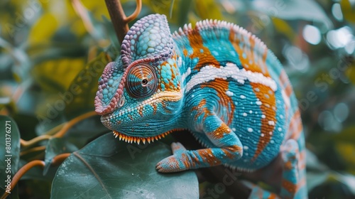  A vibrant chameleon perches atop a tree branch, adorned with lush green leaves Nearby, a bush teems with additional leaves