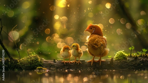  Two small chickens atop a log, side by side, face a body of water