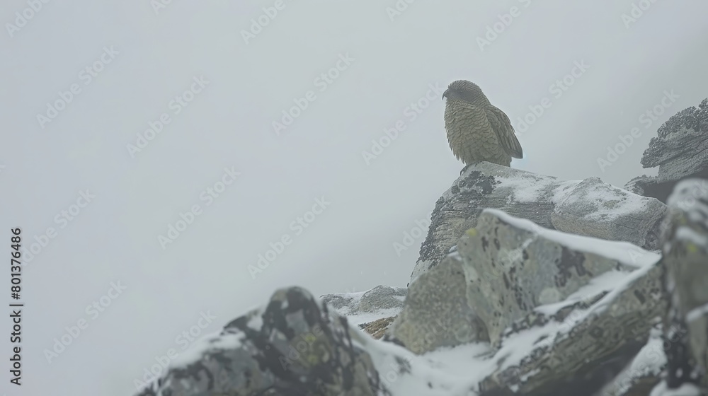 A large bird perches atop a snow-covered rock, swathed in a layer of pristine white snow, amidst a foggy day A large bird perches atop a snow-covered rock, swathed in a layer of pristine white snow, amidst a foggy day