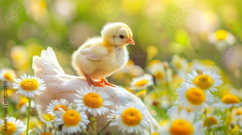  A small chicken perches atop a white chicken in a field adorned with yellow and white blooms, primarily daisies
