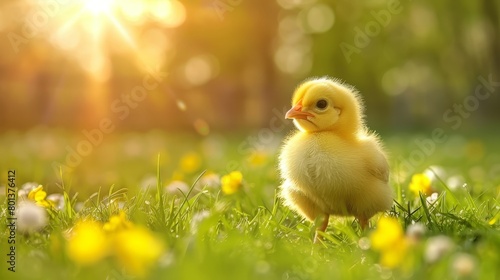  A small yellow duck stands in a verdant field, surrounded by yellow flowers and lush green grass The sun shines brightly behind © Jevjenijs