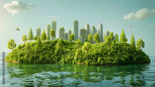 Visualizing a Sustainable Urban Landscape A Lush Green Island Oasis Amidst a Modern Cityscape Showcasing Environmental Conservation and Ecological © DARIKA