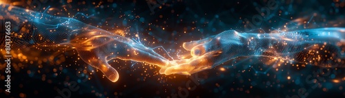 Futuristic Connection Concept with Glowing Blue and Orange Digital Hands Touching photo