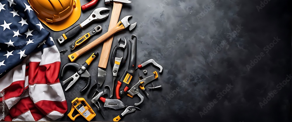 Labor day background concept. Flat lay of construction collar handy tools, with copy space Labor day background concept. Flat lay of construction collar handy tools, with copy space