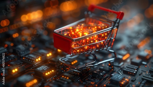 A 3D rendering of a shopping cart on a computer circuit board. photo
