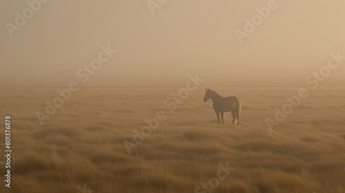   A horse stands in a field of tall grass beneath a foggy  hazy sky