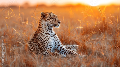  A cheetah sits in a field of tall grass, with the sun setting behind it