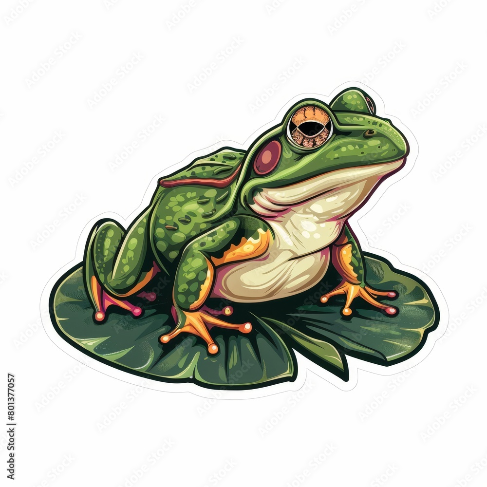 A frog sticker, grinning broadly, atop a verdant leaf A frog sticker, grinning broadly, atop a verdant leaf