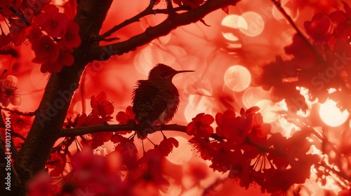  A bird perched on a tree branch with red flowers nearby against a softly blurred backdrop of bokeh