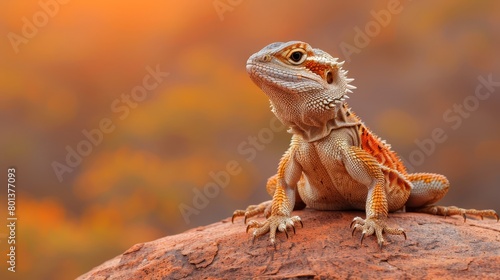   A tight shot of a lizard perched atop a rock  background softly blurred