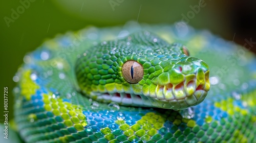   A tight shot of a green snake s head  adorned with water droplets on its body and eyes