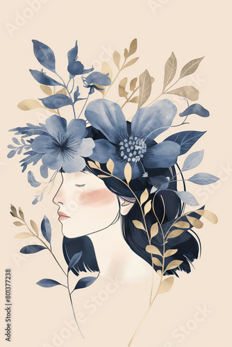 linda mulher com flores azuis - Ilustração minimalista em aquarela 