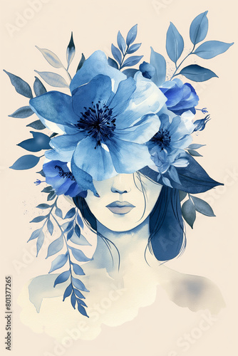 linda mulher com flores azuis - Ilustração minimalista em aquarela 