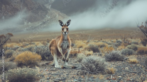   A kangaroo stands in a desert, backgrounded by a mountain range Clouds scatter the sky above photo