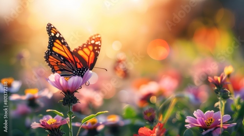   A close-up of a butterfly sipping nectar from a flower amidst a field filled with blooms, with the sun casting golden rays behind © Jevjenijs
