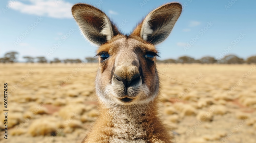 Obraz premium A tight shot of a kangaroo's face against a backdrop of a green field and a clear, blue sky
