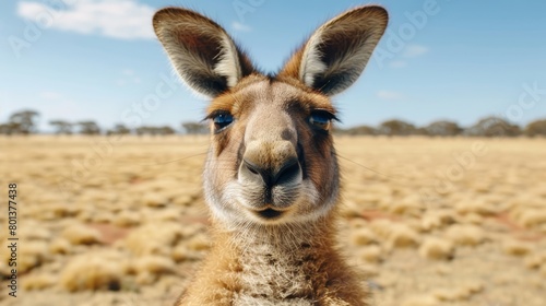  A tight shot of a kangaroo's face against a backdrop of a green field and a clear, blue sky