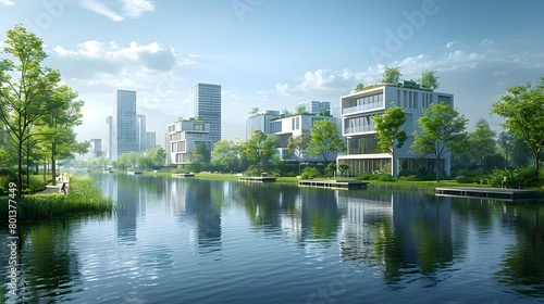 Sustainable Cityscape Eco Friendly High Rise Towers Amid Lush Green Spaces and Calm Waterfront in Modern Metropolis