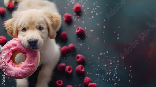 Cachorro fofo com uma grande rosquinha rosa de framboesa 