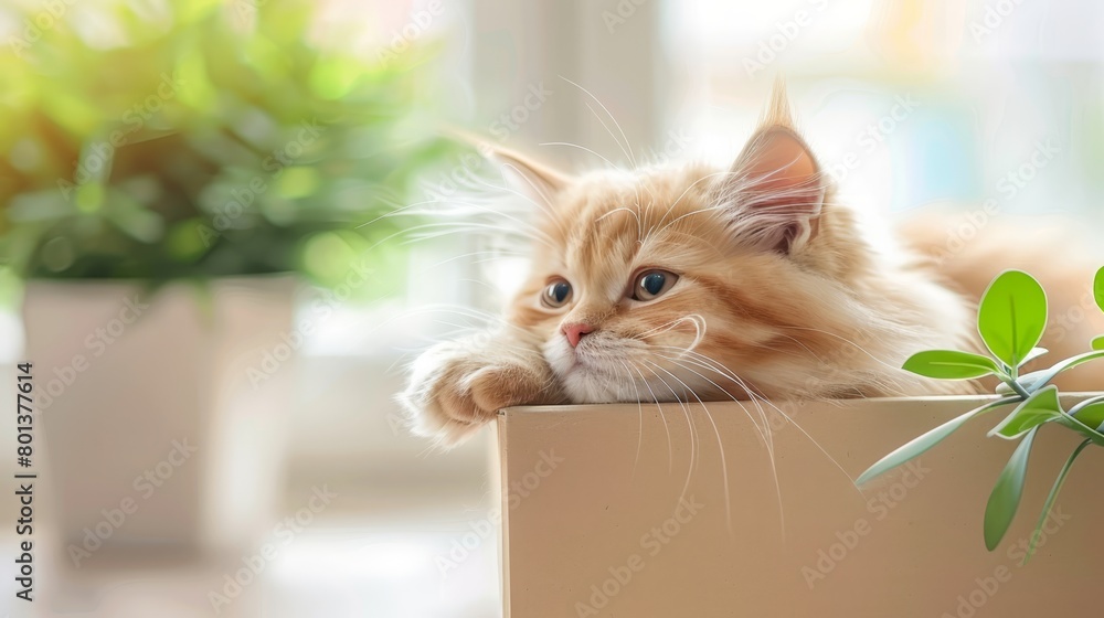 A cat atop a cardboard box, beside a potted plant, by a windowsill A cat atop a cardboard box, beside a potted plant, by a windowsill